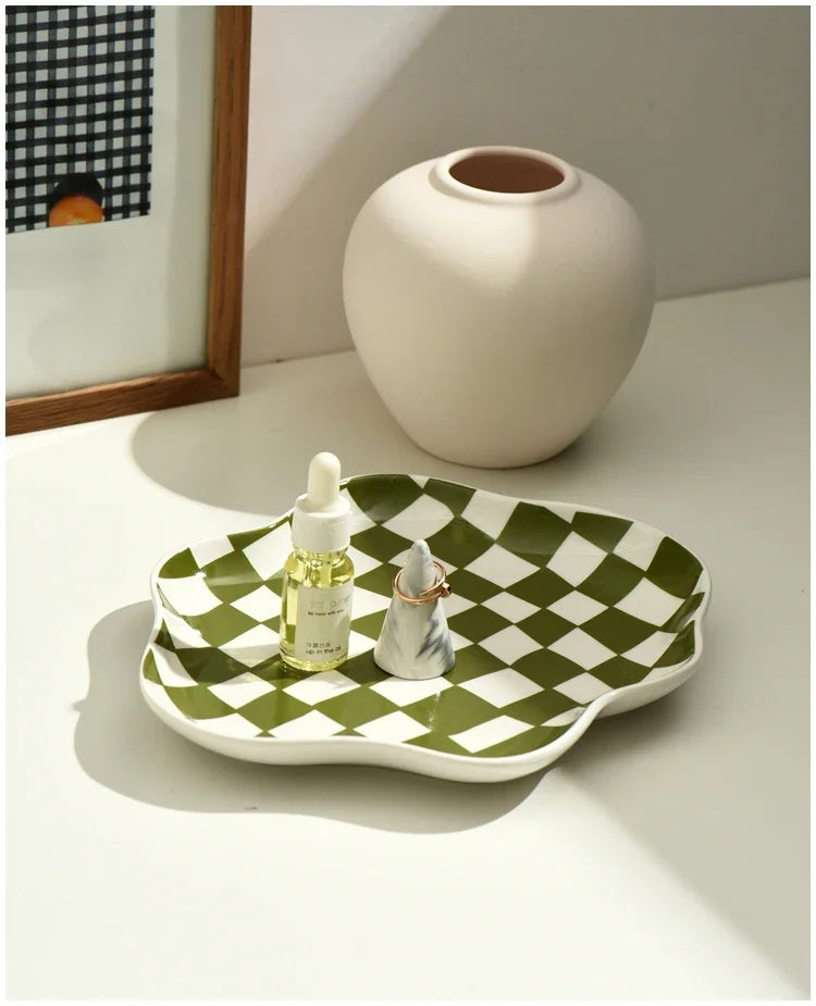 Ceramic Tray Checkerboard Jewelry Storage Plate Ring Earing Dessert Plate Home Decoration Retro Desk Organizer Kitchen Tableware