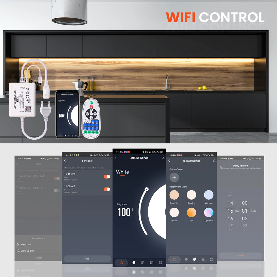 Dimmable COB LED Strip Light 220V Ra90 Waterproof 288LEDs/m Smart LED Neon Strips Flexible Ribbon Remote/Bluetooth/Wifi Control