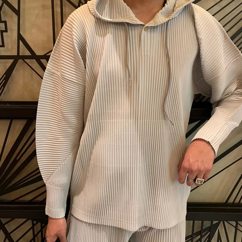 Miyake Pleated Men's Sweatshirt Hoodie Classic Pleated 2025 Summer New Tops Loose Casual Simple Drawstring Pullover Hoodie Male