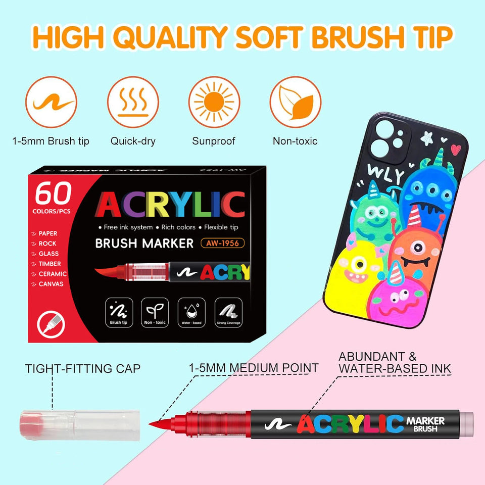 366 Colours Acrylic Markers Flexible Brush Tip Acrylic Paint Marker for Painting Stone Fabric Glass Ceramic Canvas Paper Wood