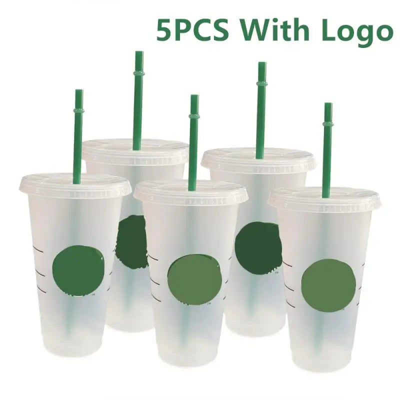 5Pcs Tumbler with Straw Plastic Coffee Cup BPA Free Creative Straw Cup With Logo Change Color Water Bottle 710ml Coffee Tumblers
