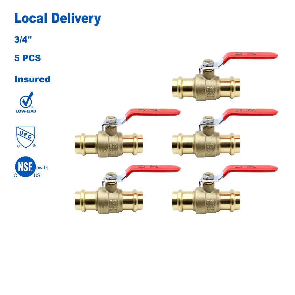 KING SMART 3/4" Press Full Port 1/4 Turn Press Ball Valve; for Hot and Cold Water System; 5 Pcs/Case; Lead Free Brass; 80245