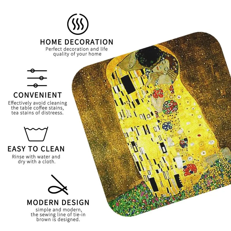 The Kiss By Gustav Klimt Coasters Kitchen Placemats Non-slip Insulation Cup Coffee Mats For Decor Home Tableware Pads Set of 4