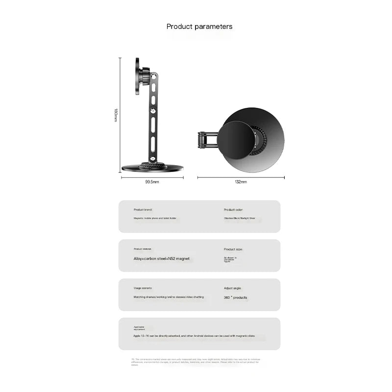 Magnetic Metal Phone Stand for Desk, 360° Rotating & 3-Axis Adjustable Height Hands-Free Live Streaming & Bedside Tablet Holder