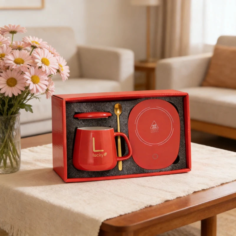 A1 55℃ Smart Heated Coffee Mug Set with Warmer Pad, Auto Keep Warm, Cute Design, Perfect Gift for Office Workers, All-Season Use