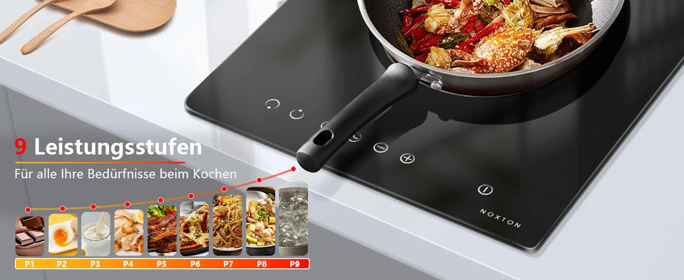 NOXTON Ceramic Hob, Built-in 2 Zone Electric Hobs 29 x 52cm Noise-free Auto Shut-off Safe Lock Heat Indicator Black Glass Panel