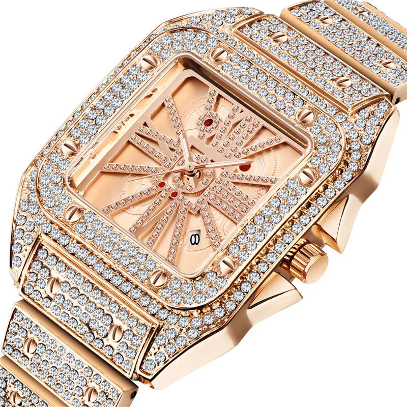 Unique Cool Brand Designer Watches For Men Hip Hop Diamond Fashion Alloy Band Date Golden Quartz Watch Montres de Marque de Luxe