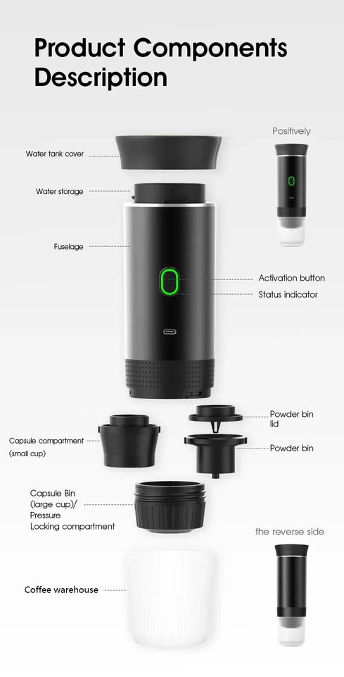 Coffee Machine Wireless Electric Portable Espresso Coffee Machine Maker 3-in-1 Capsule Powder Travel Coffee Maker