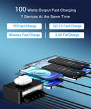 100W USB PD QC Charger Adapter Wireless Charger 6 Ports Fast Charging Station for IPhone 14 13 12 Pro Max IPad, Samsung Huawei