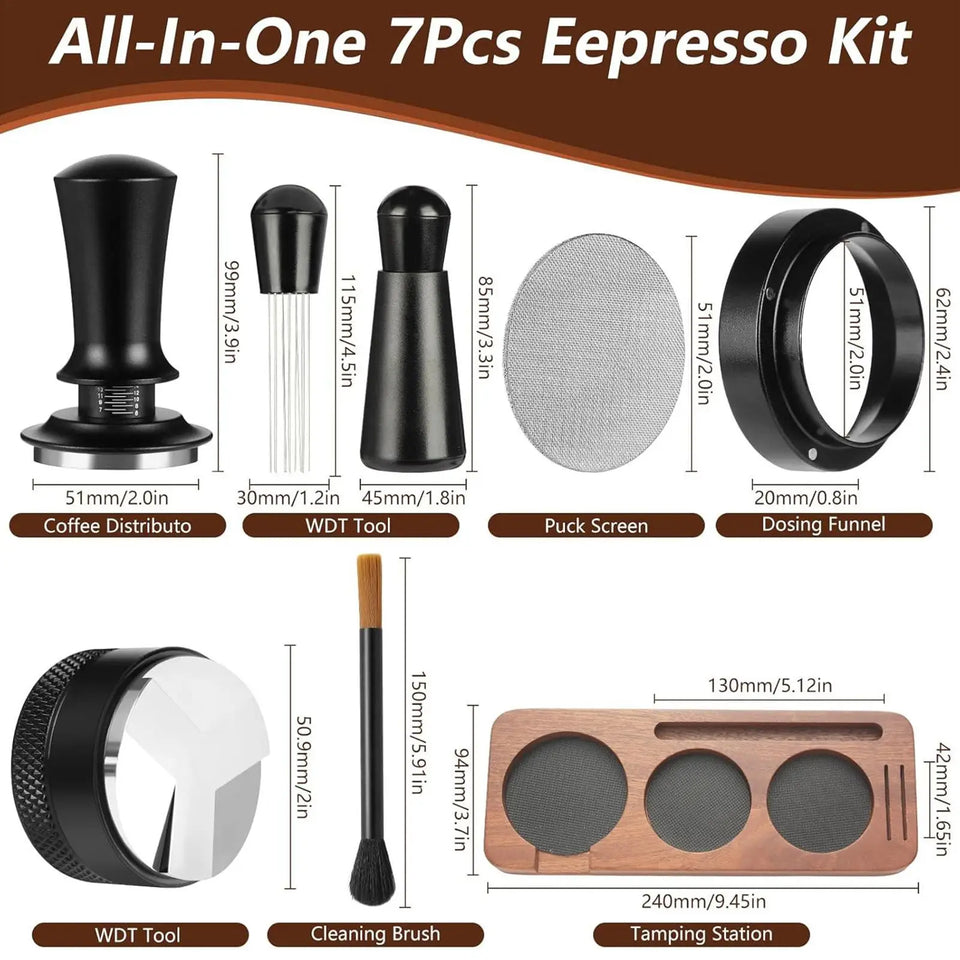 7pcs/set Espresso coffee tamper set Portable Coffee Press Gadget 51mm Espresso Accessories Kit with dispenser & Powder tamp pad