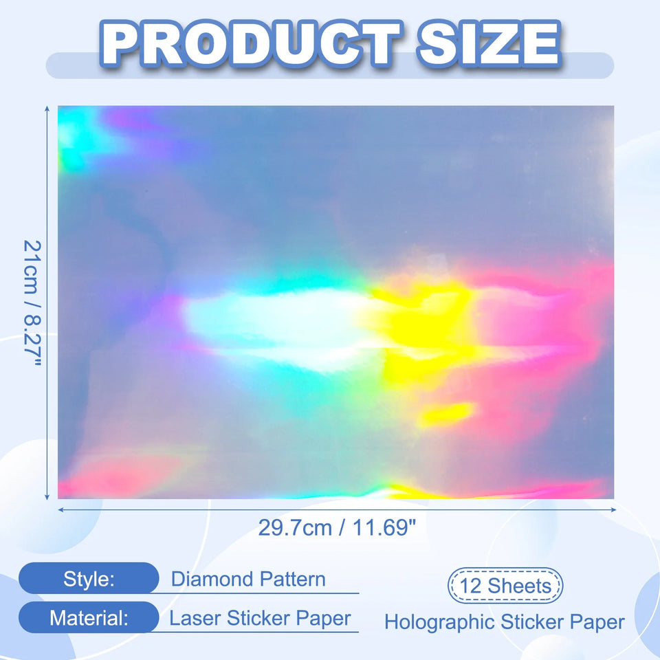 12Sheets Printable Holographic Sticker Paper Vinyl Sticker Paper A4 Waterproof Quickly Stickers for Laser Printer Inkjet Printer