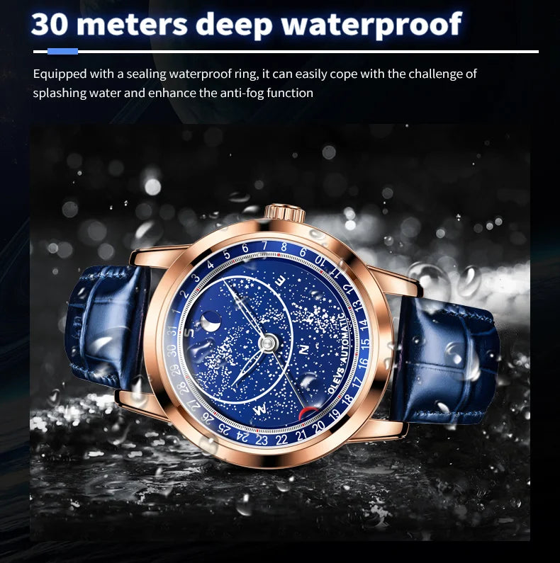 OLEVS 9923 Moon Phase Automatic Mechanical Watches for Man Fashion Leather Strap Waterproof Starry Sky Blue Luxury Men's Watches