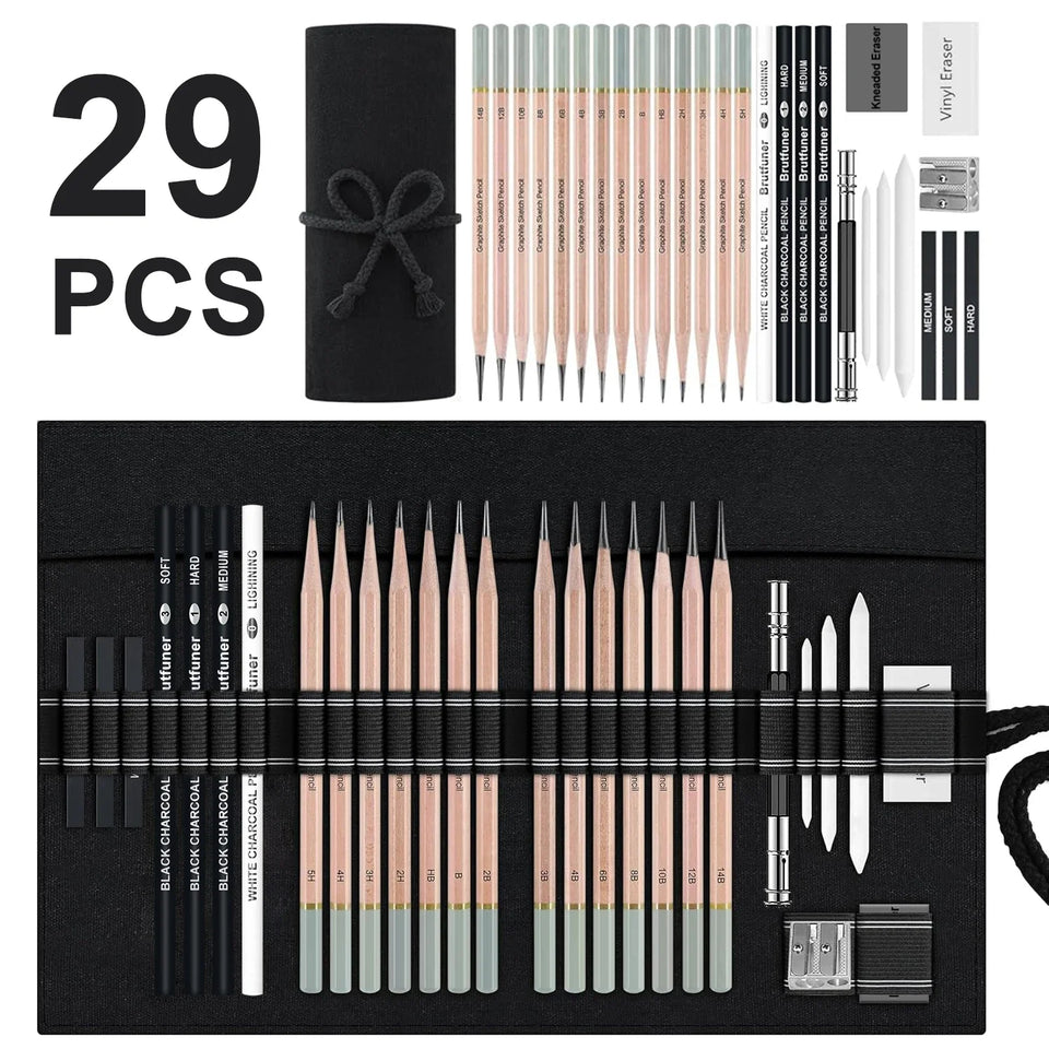 6/29 pcs Pro Sketching Drawing Pencils Set with Roll-Up Nylon Case,14 Graphite Pencils (14B-5H), Charcoal Pencils,Erasers