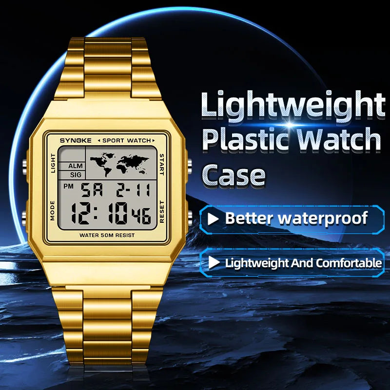 SYNOKE Stainless Steel watchband Chrono Sport Watches Men Back Light Display Digital Wristwatch Waterproof plastic watch case