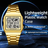 SYNOKE Stainless Steel watchband Chrono Sport Watches Men Back Light Display Digital Wristwatch Waterproof plastic watch case