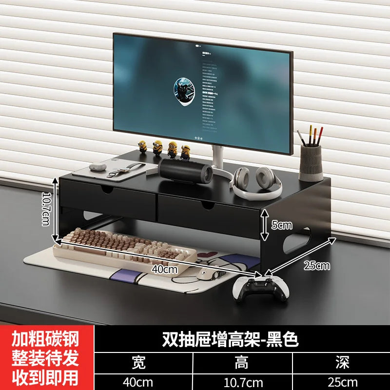 Carbon Steel Monitor Stand with Drawer Desktop Riser Shelf for Computer Office Desk Organizer Ergonomic Workspace Solution