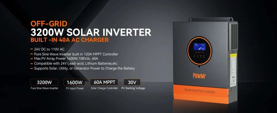 PowMr 24V 3200W 110V Hybrid Solar Inverter MPPT 60A Charger Controller Max PV Solar 108Vdc inversores híbridos solares for home