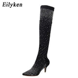 Eilyken Sexy Runway Crystal Stretch Fabric Sock Over the Knee Boot Thigh Stiletto High Pointed Toe Woman Shoes Zapatillas Mujer