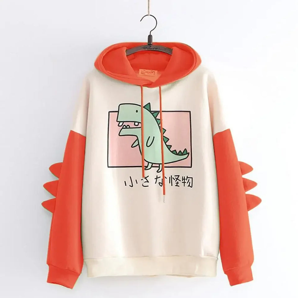 Winter Cute Dinosaur Cartoon Hoodie Women Fashion Sweatshirt Casual Print Long Sleeve Korean Style Splice Tops Kawaii Clothes
