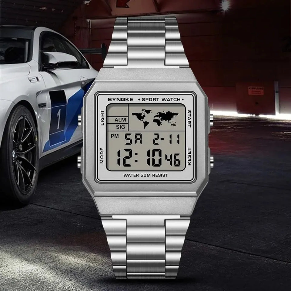 SYNOKE Stainless Steel watchband Chrono Sport Watches Men Back Light Display Digital Wristwatch Waterproof plastic watch case