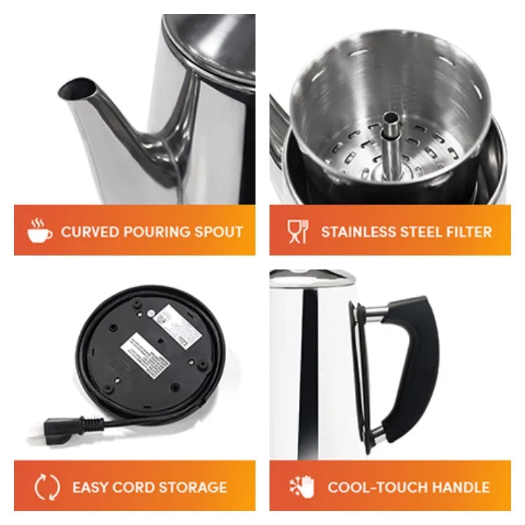 Electric Percolator 1.8L 12Cup Italian Coffee Maker Stainless Steel Quick Heating Reusable Filter Basket Fast Brew Home Office