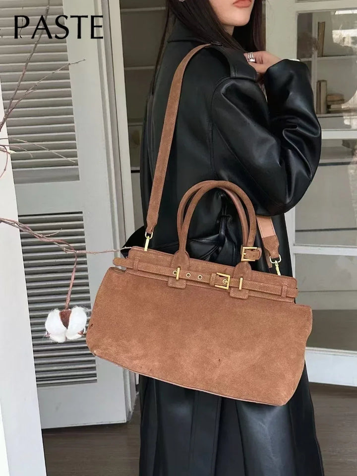 Winter Matte Coffee Camel Grey Large Tote Russian Style Real Suede Cow Leather Women Handbag Nubuck Commuter Office Shoulder Bag