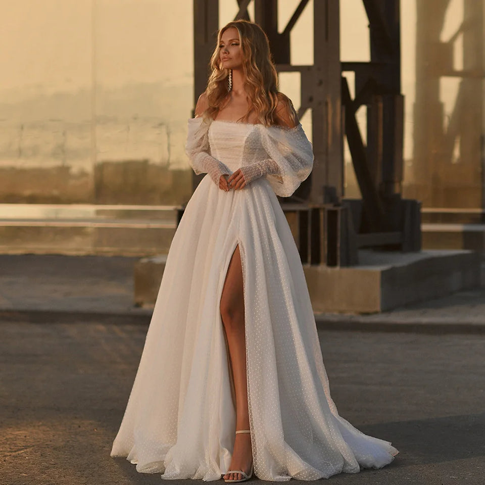 Simple Wedding Dresses 2025 New Arrivals Off-Shoulder Split Sexy Long Bride Dress Point Tulle A-Line Lace Up Elegant Party Gowns