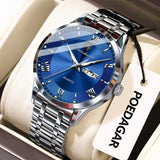 POEDAGAR Luxury Man Clock Waterproof Luminous Week Date Fashion Men's Wristwatch Stainless Steel Business Quartz Watches For Men