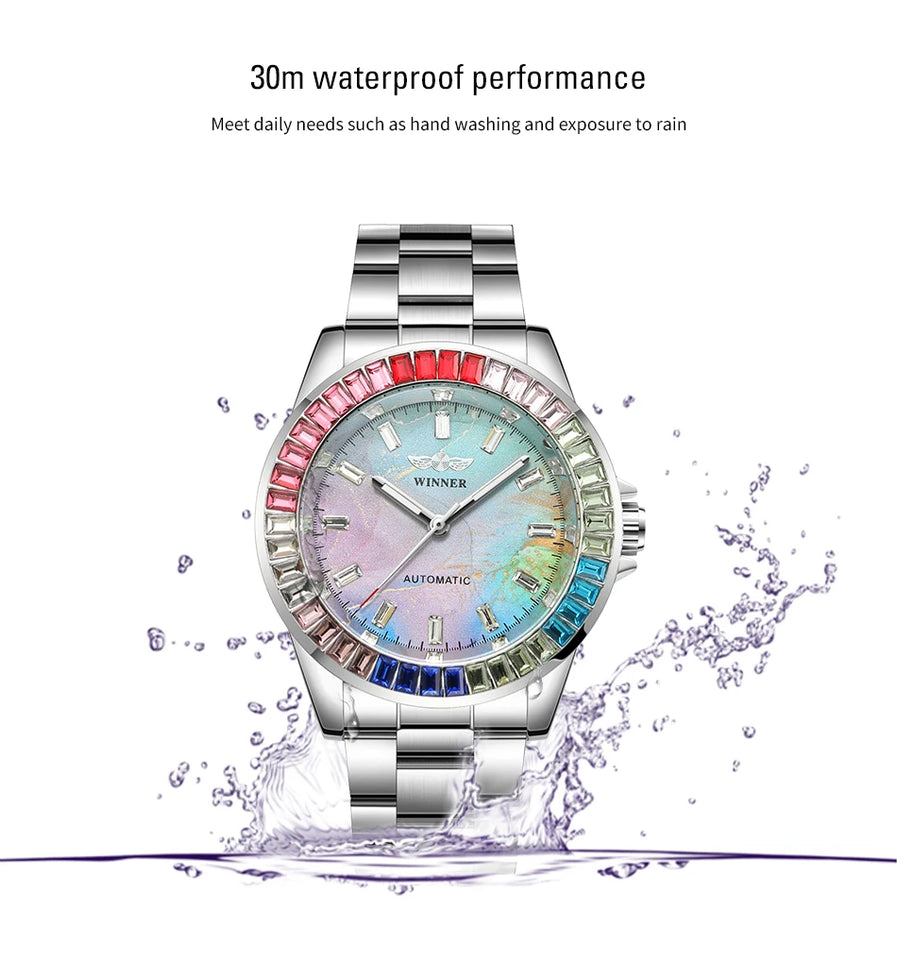 2024WINNER Original Colored Diamonds Mechanical Waterproof Men's Watch Automatic Movement Stainless Steel Luxury Watches