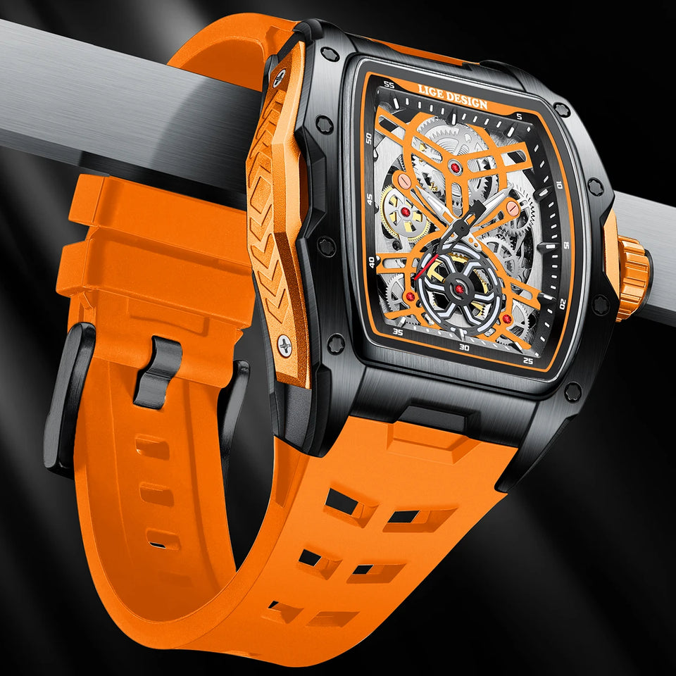 LIGE New Watches Mens Skeleton Mechanical Automatic Watch Top Brand Luxury Luminous 30M Waterproof Watch For Men reloj hombre