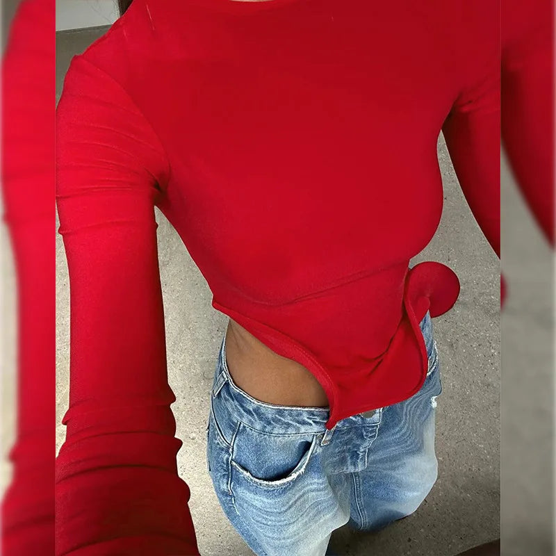 Shestyle Red Asymmetrical Ruffles T-Shirts Women Iron Shape Crew Neck Autumn Glowing Flare Sleeve Crop Tops New Arrivals Tees