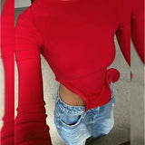 Shestyle Red Asymmetrical Ruffles T-Shirts Women Iron Shape Crew Neck Autumn Glowing Flare Sleeve Crop Tops New Arrivals Tees