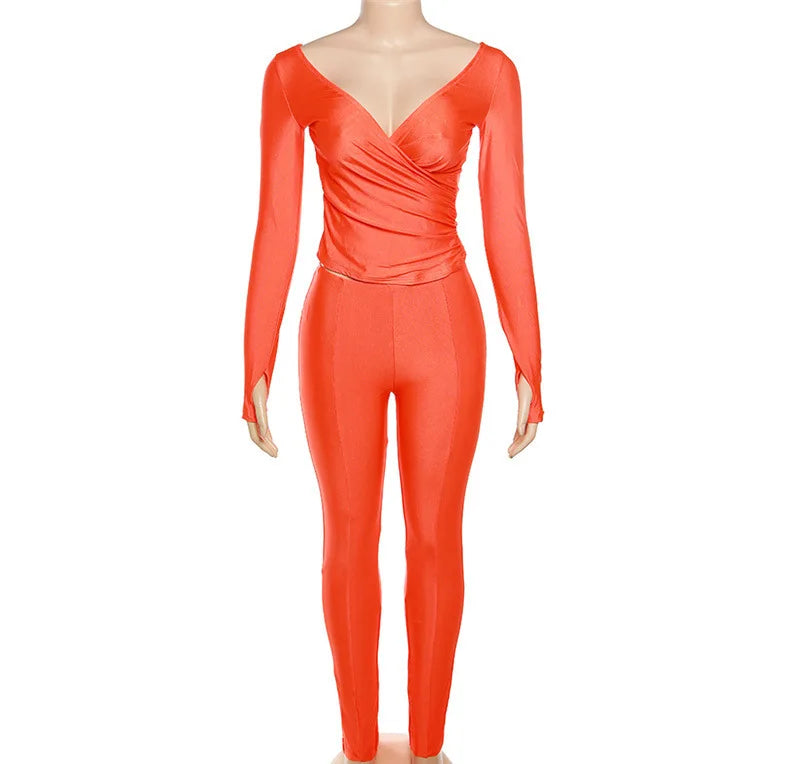 Three Sisters New Arrivals Autumn Winter Fashion Casual Home Solid Color Long Sleeve V-neck Ladies Two Piece Sets Pantsuits