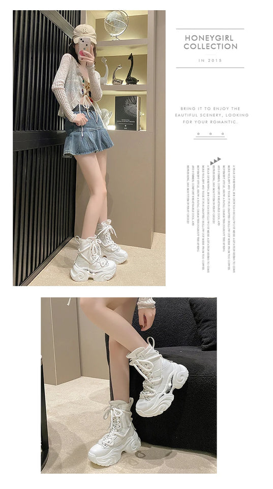 Women Ankle Boots Autumn Chunky Shoes Woman High Platform Breathable Sneakers 7.5CM Thick Sole Wedges Motorcycles Boots Winter