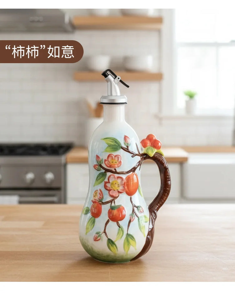 Hand-Painted Ceramic Seasoning Bottle Bird Flower Fruit Soy Sauce Vinegar Oil Bottle Coffee Table Wine Cabinet Decoration