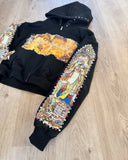 Men and women loose casual simple zipper jacket American retro splicing hot diamond print cartoon design hooded sweatshirt