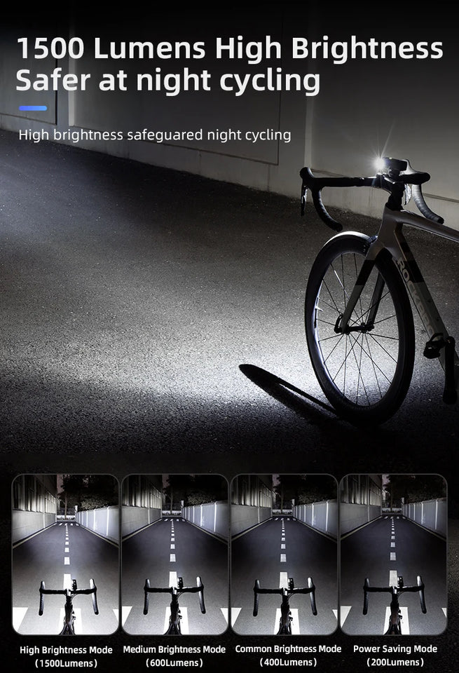 ROCKBROS Bike Light 1500LM 5000mAh Bicycle Light IPX6 Aluminum Type-C Rechargeable Smart Brightness Sense Adjust Cycling Lamp