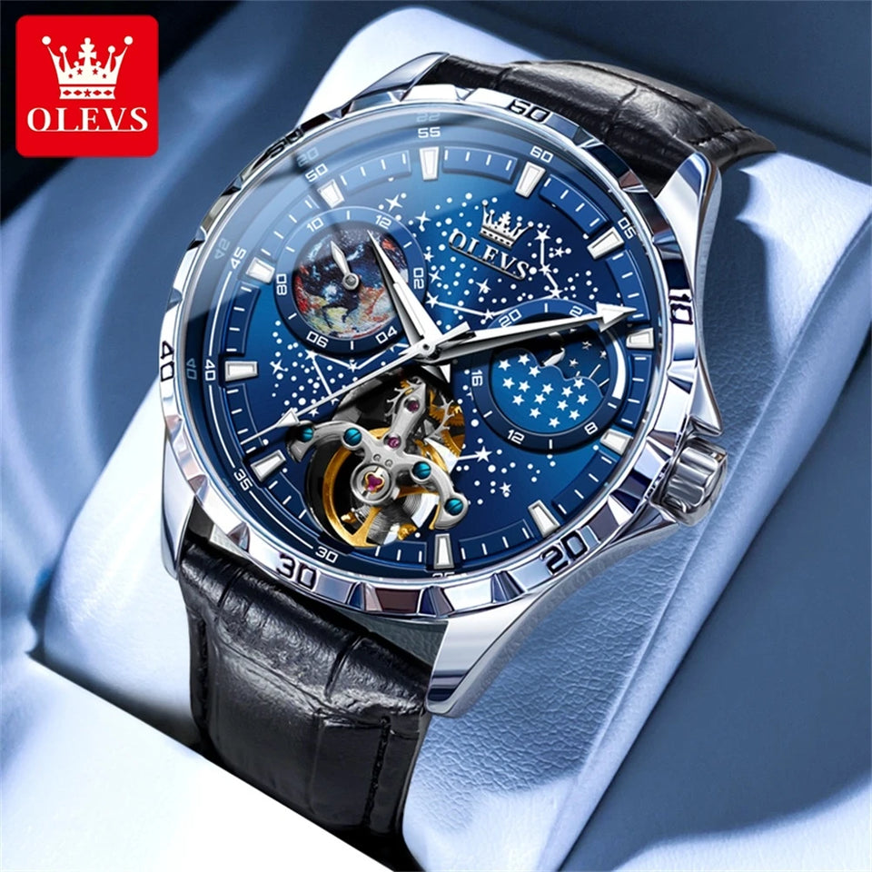 OLEVS 6689 Original Brand Men's Watches Starry Sky Disk Waterproof Luminous Automatic Mechanical Wristwatch Moon Phase Man Watch