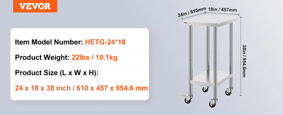VEVOR Stainless Steel Work Prep Table with 4 Wheels 3 Adjustable Height Levels Heavy Duty Food Prep Worktable for Hotel Home