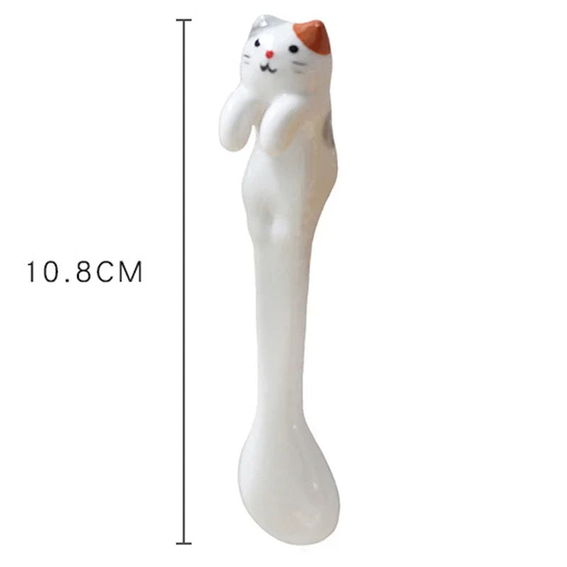 Hot SALE Kitchen Tool Novelty Gift Ceramic Cartoon Cute Cat Animal Spoon Hanging Coffee Dessert Spoon Unique Ice Cream Flatware