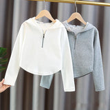 Girls Cotton Plain Hooded Half Zip Cropped Sweatshirt Jackets School Kids Track Pullover Jumper Children Work Coat Tops 3-16Yrs
