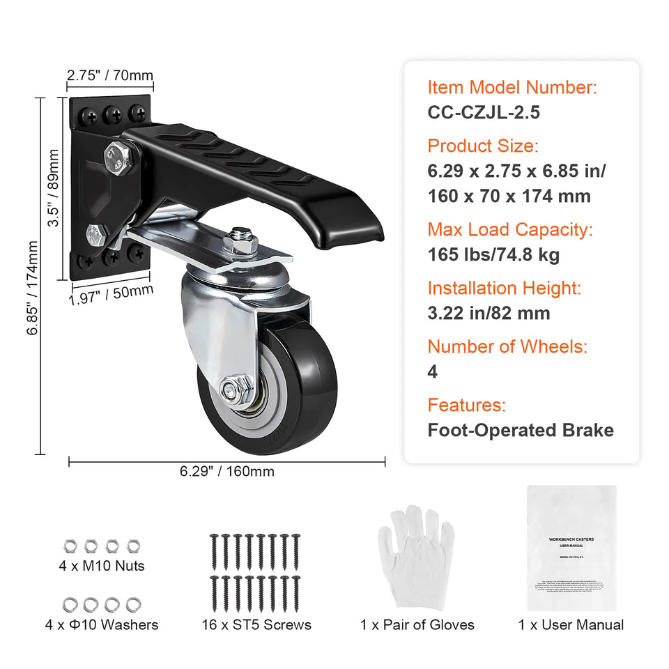 SucceBuy 165 lbs 2.5" Set of 4 Workbench Caster Wheels Side Mounted Retractable Stepdown Wheel 360° Swivel for Tables Equipment