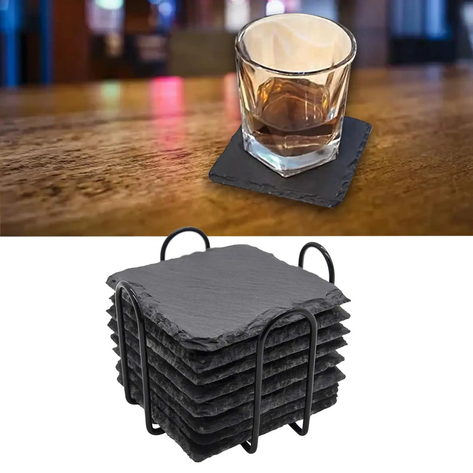 8x Slate Stone Drink Coasters Rustic Tabletop Protection with Holder Cup Coaster for Coffee Table Apartment Home Hotel Bar