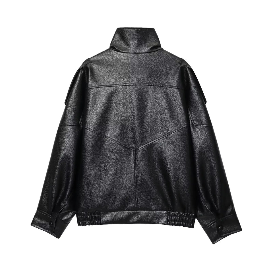 TFMLN 2025 Women Faux Leather Loose Jacket High Street Stand Collar Long Sleeve Coat Fashion Causal Zipper Outwear Autumn Winter