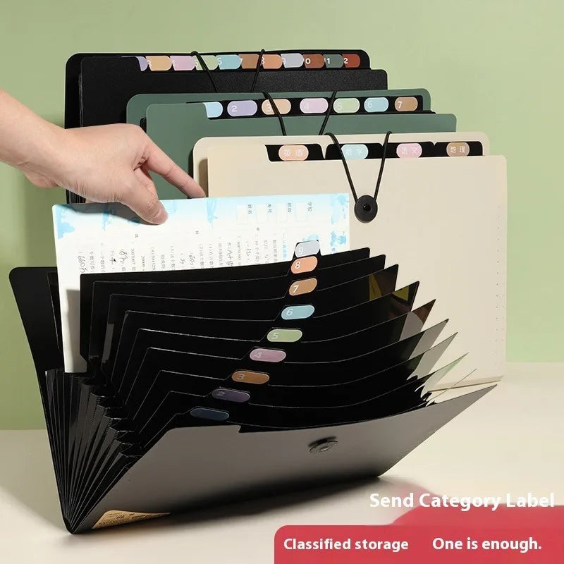 1PC Premium Black 5-Compartment Folder with Handle, Durable PP Desk Organizer with Color-Coded Labels for Office & Home Use