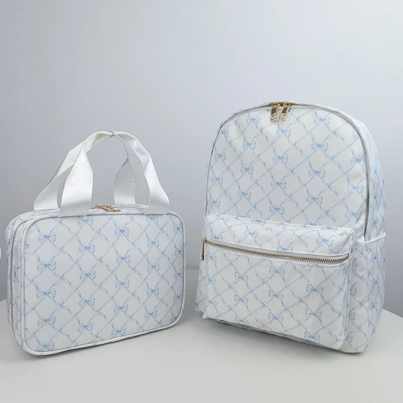 2PCS/SET Trendy Flower Bow Printing School Bag Lunch Bag Large Capacity Nylon Backpack Cute Students Insulation Ice Bento Box