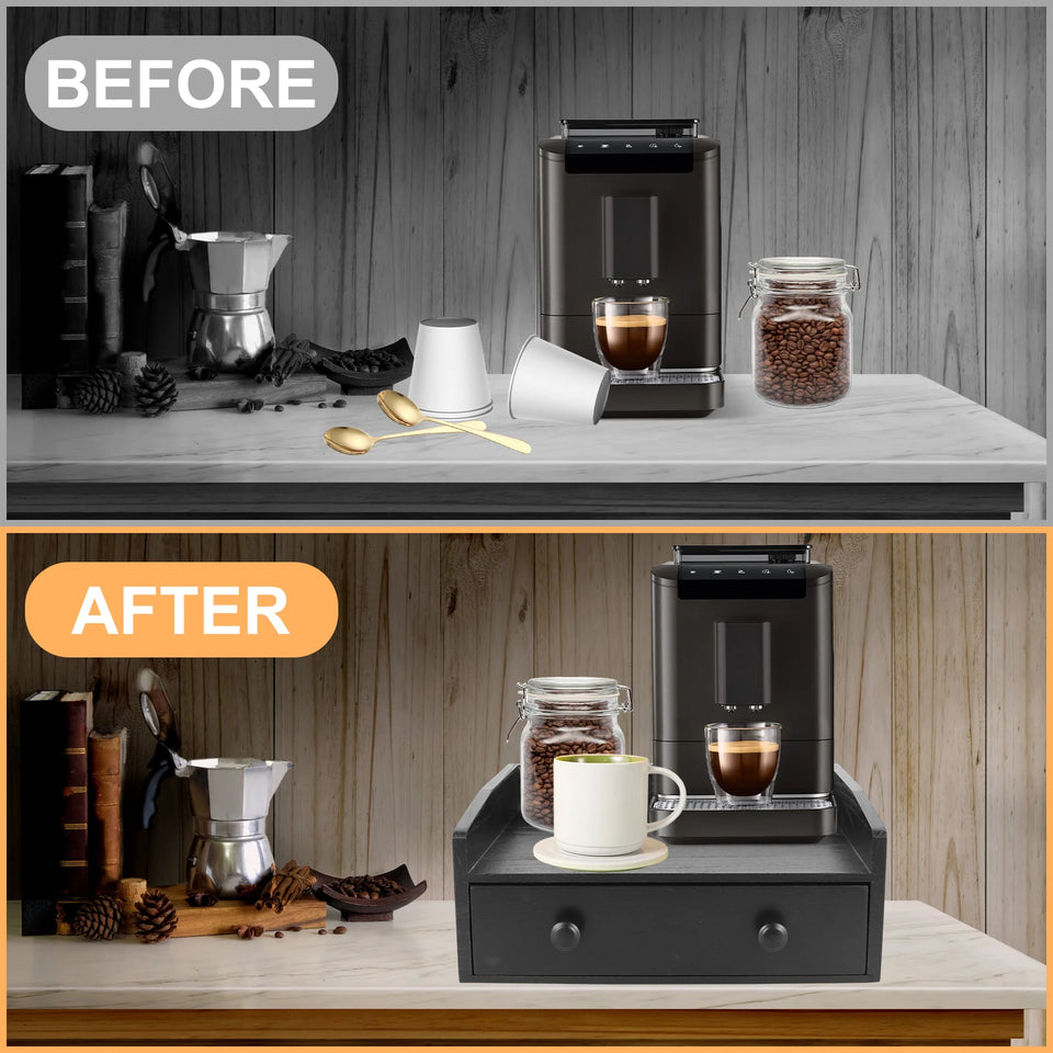 Capsule Coffee Display Rack Storage Coffee Bar Organizer with Drawer Wood Coffee Station Organizer Coffee Machine Base Drawer