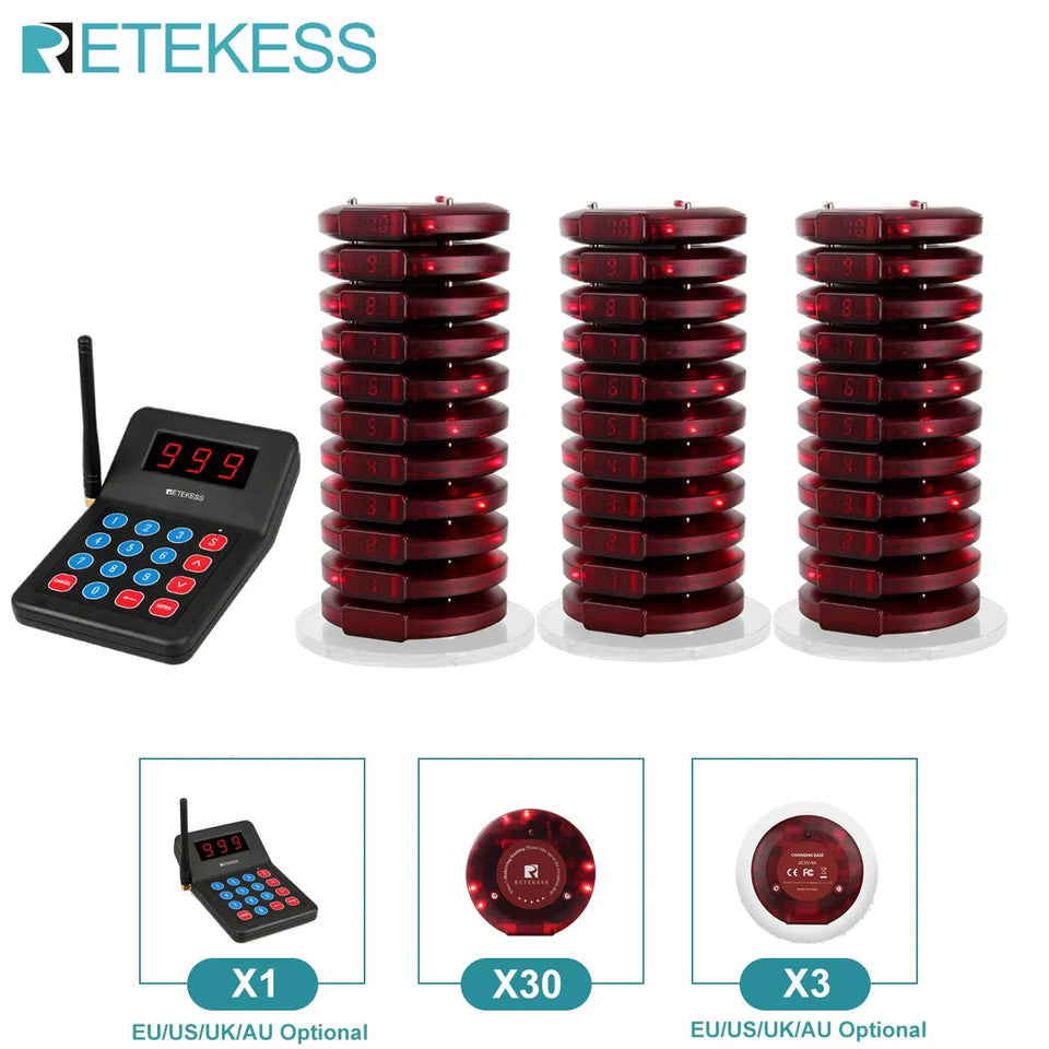 RETEKESS T119 Wireless Restaurant Paging System Coaster Vibrater Buzzer Receiver 2-Way Charge for Cafe Food Trucks