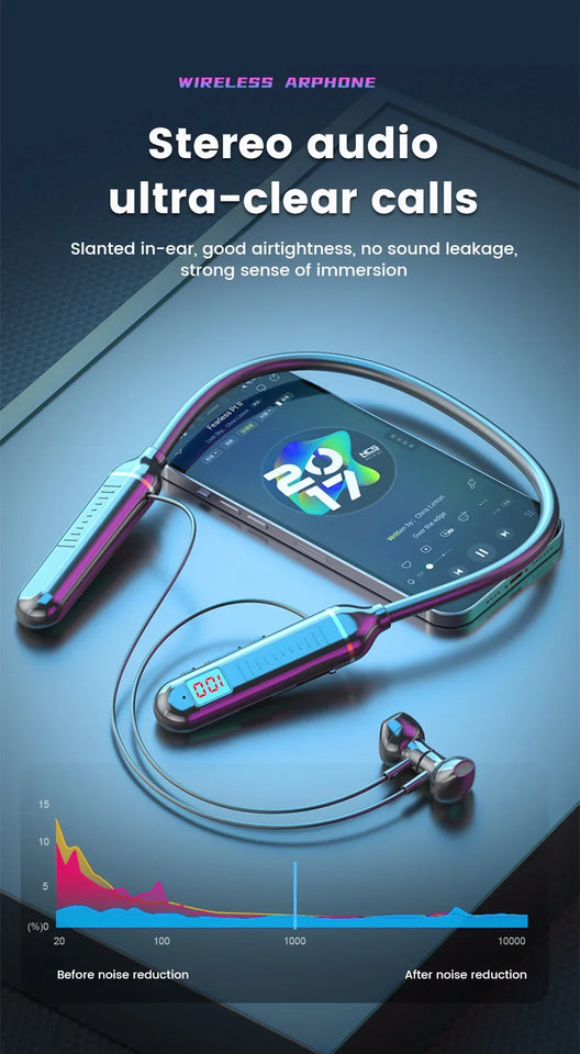 VIKEFON Wireless Earphones 5.3 Neckband Headphones Gaming LED Display Stereo Sports Headset Halter Waterproof Magnetic Earbuds