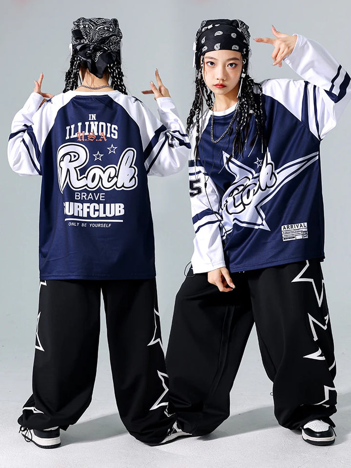 Girls Hip Hop Star Sweatshirt Vest Joggers Pants Boys Cool Streetwear Clothes Set Kids Children Jazz Street Dance K-pop Costumes